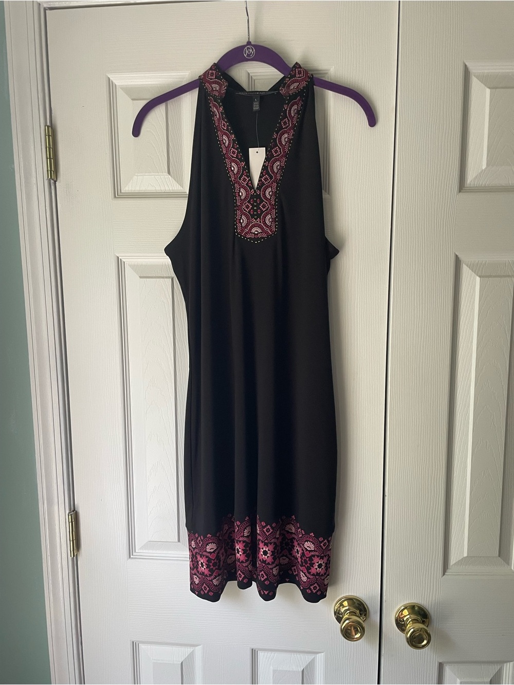 White House Black Market Black Mini Dress with Pink Embroidered Accents